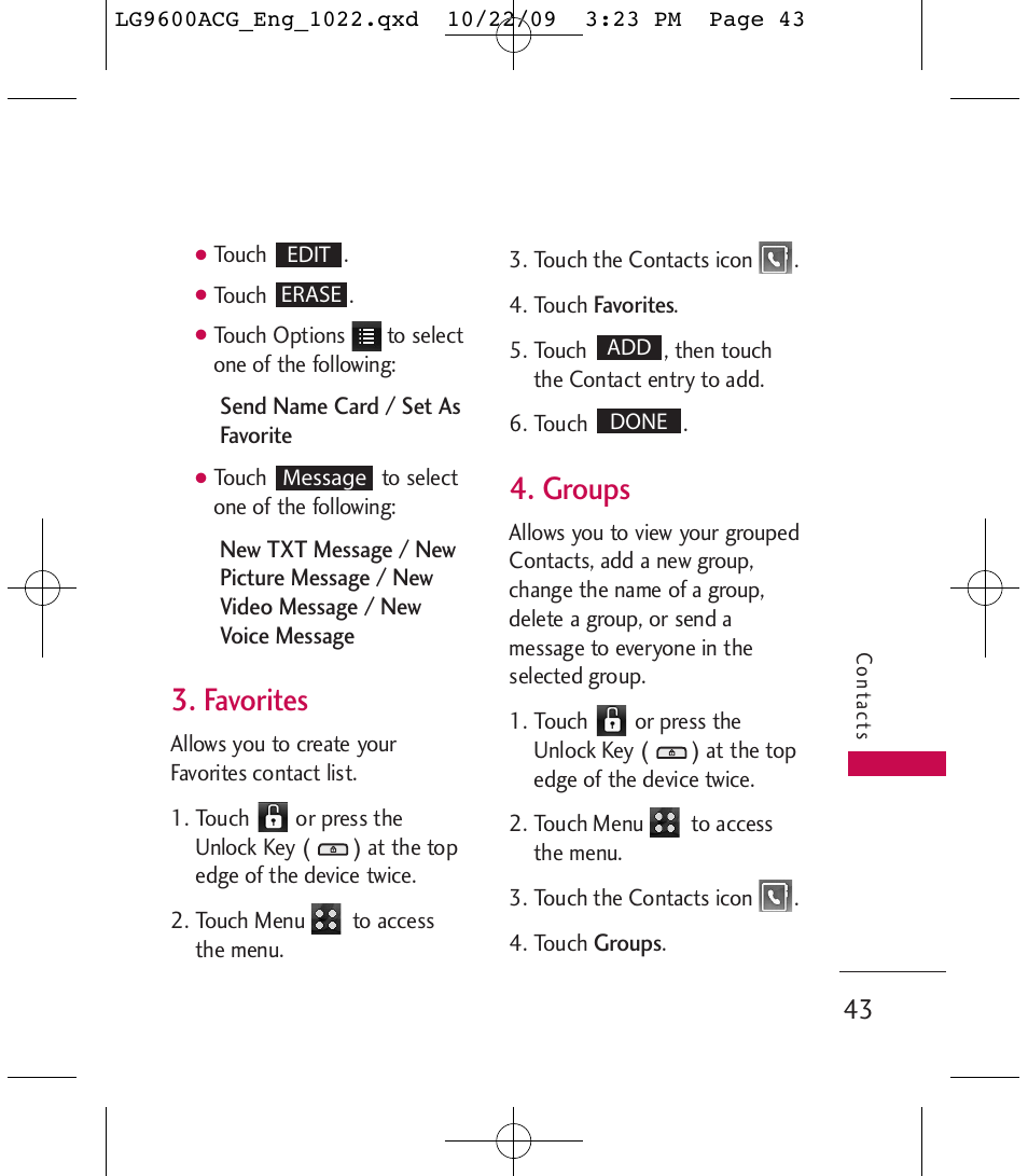 Favorites, Groups | LG 9600 User Manual | Page 45 / 338
