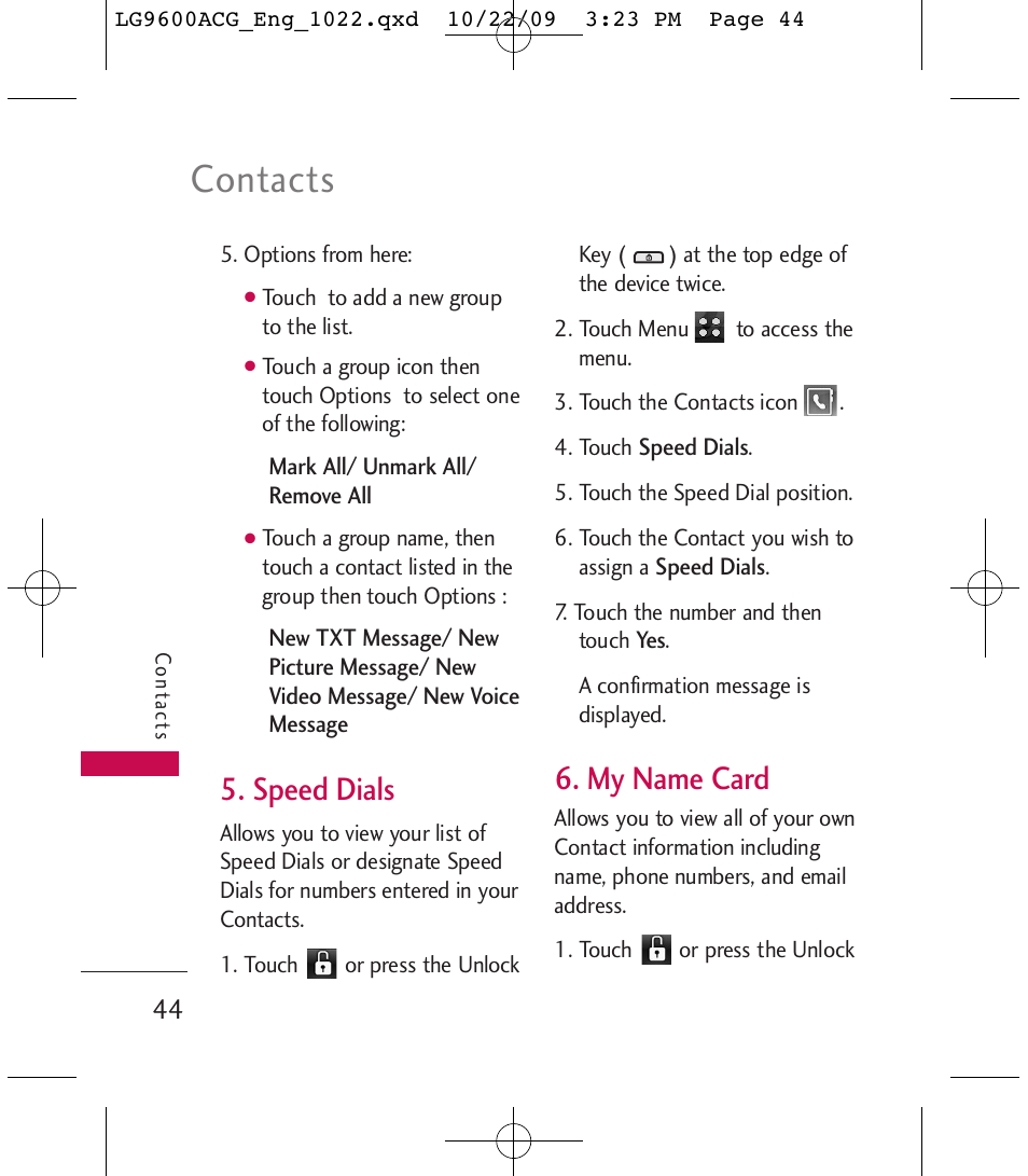 Contacts, Speed dials, My name card | LG 9600 User Manual | Page 46 / 338