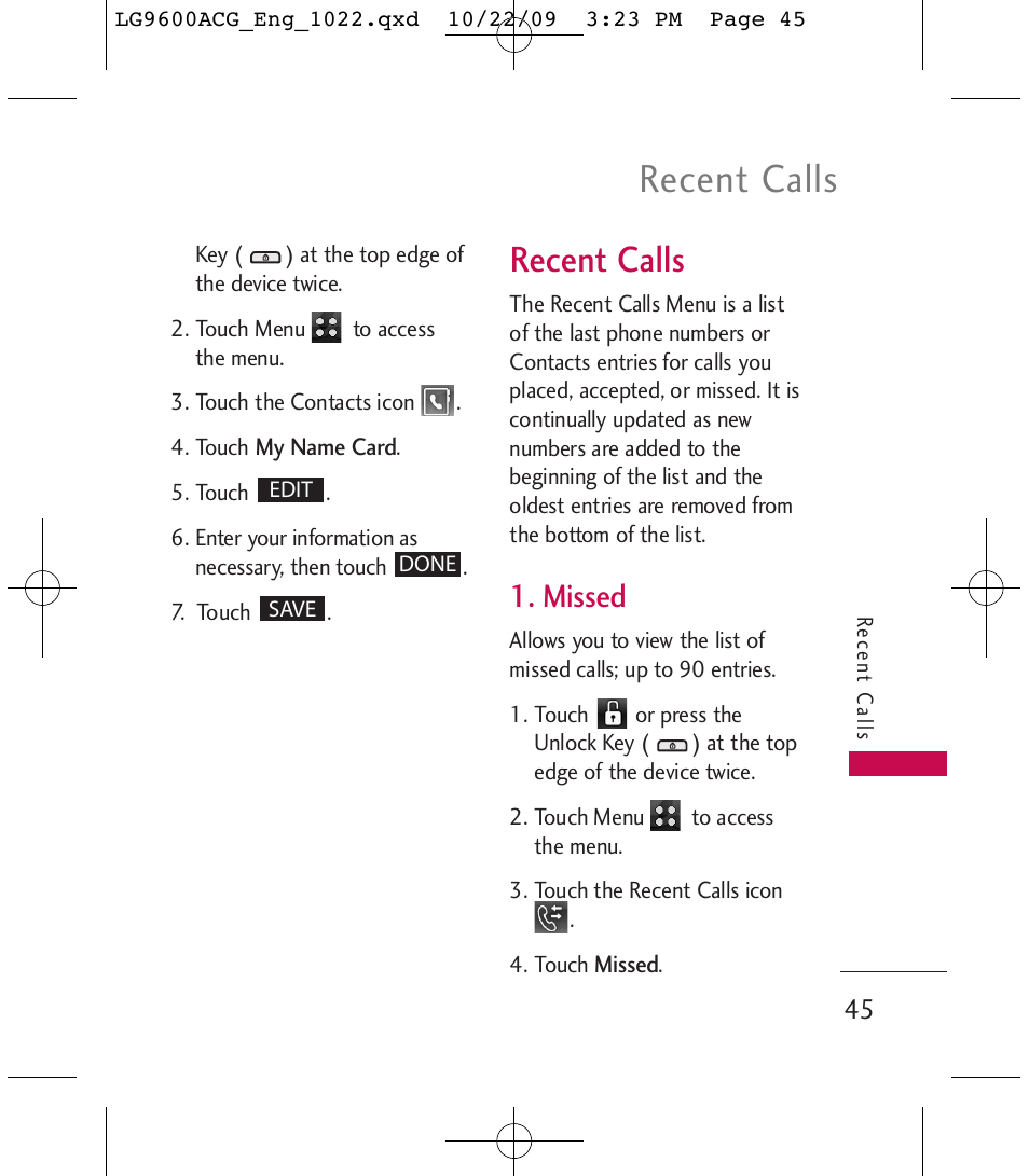 Recent calls, Missed | LG 9600 User Manual | Page 47 / 338