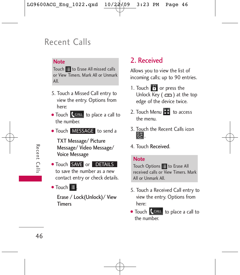 Recent calls, Received | LG 9600 User Manual | Page 48 / 338