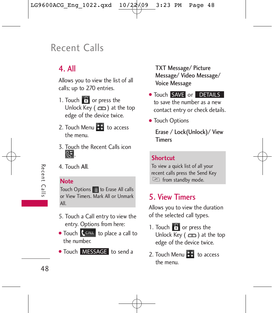 Recent calls, View timers | LG 9600 User Manual | Page 50 / 338