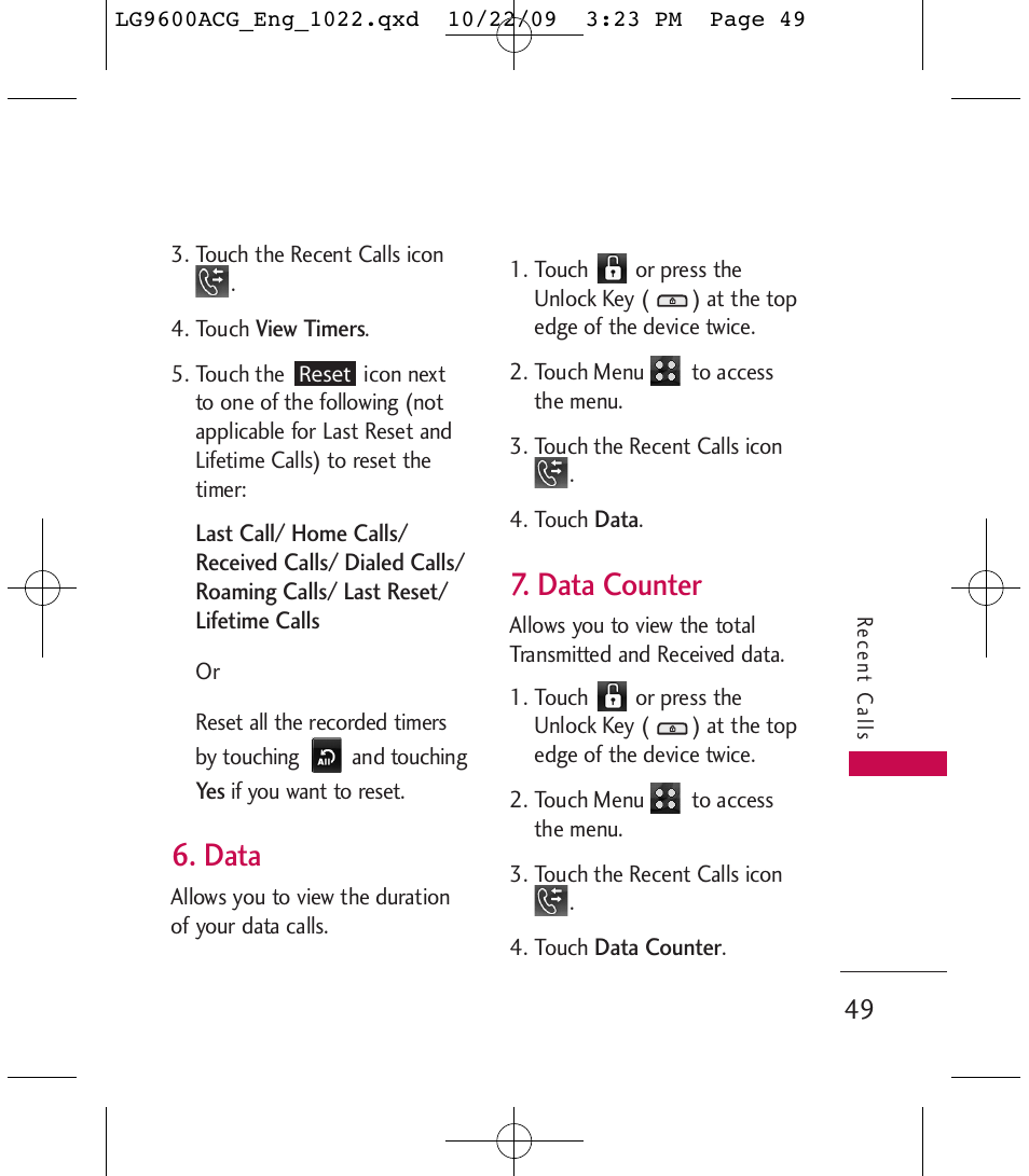 Data, Data counter | LG 9600 User Manual | Page 51 / 338