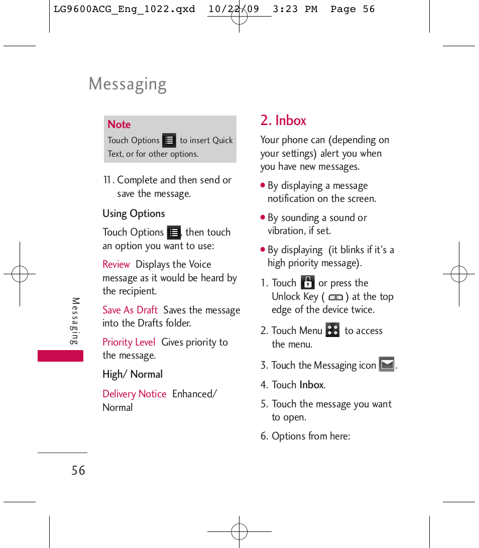 Messaging, Inbox | LG 9600 User Manual | Page 58 / 338