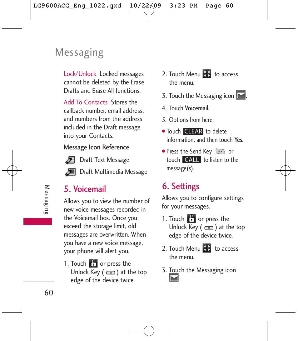 Messaging, Voicemail, Settings | LG 9600 User Manual | Page 62 / 338