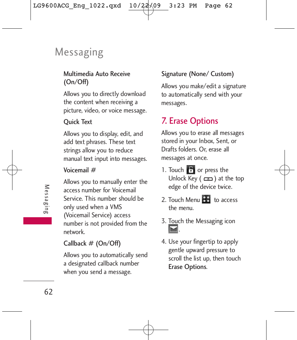 Messaging, Erase options | LG 9600 User Manual | Page 64 / 338