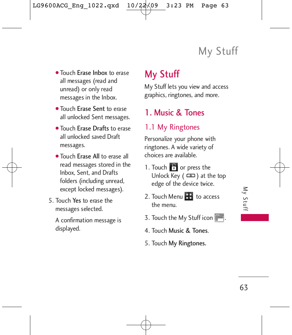 My stuff, Music & tones, 1 my ringtones | LG 9600 User Manual | Page 65 / 338
