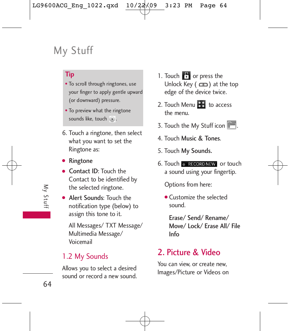 My stuff, Picture & video, 2 my sounds | LG 9600 User Manual | Page 66 / 338