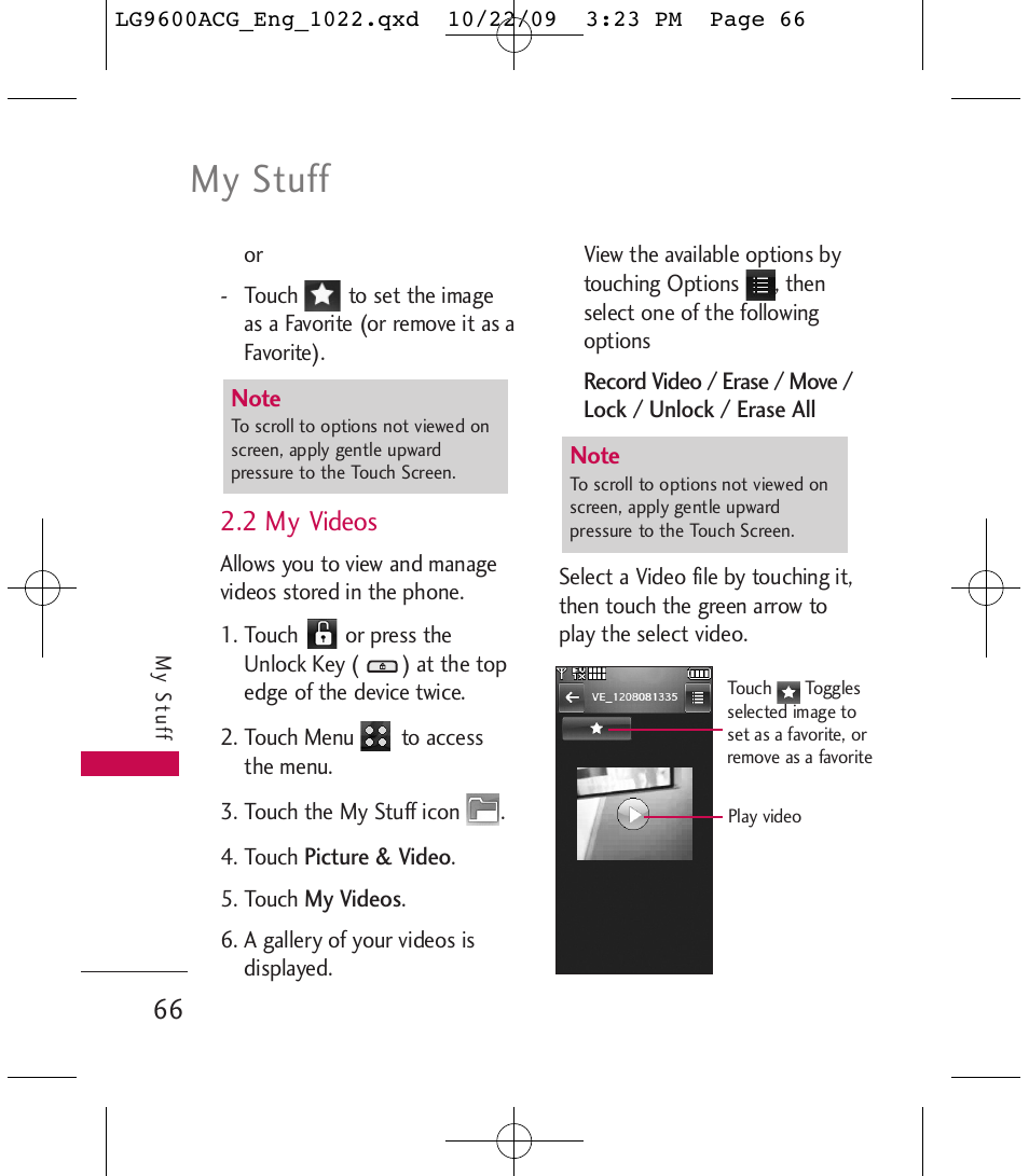My stuff, 2 my videos | LG 9600 User Manual | Page 68 / 338