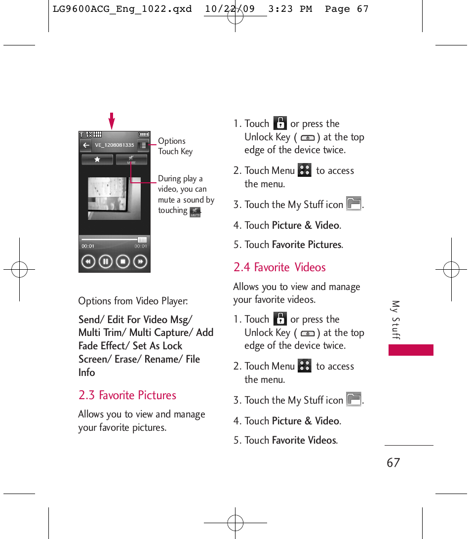 3 favorite pictures, 4 favorite videos | LG 9600 User Manual | Page 69 / 338