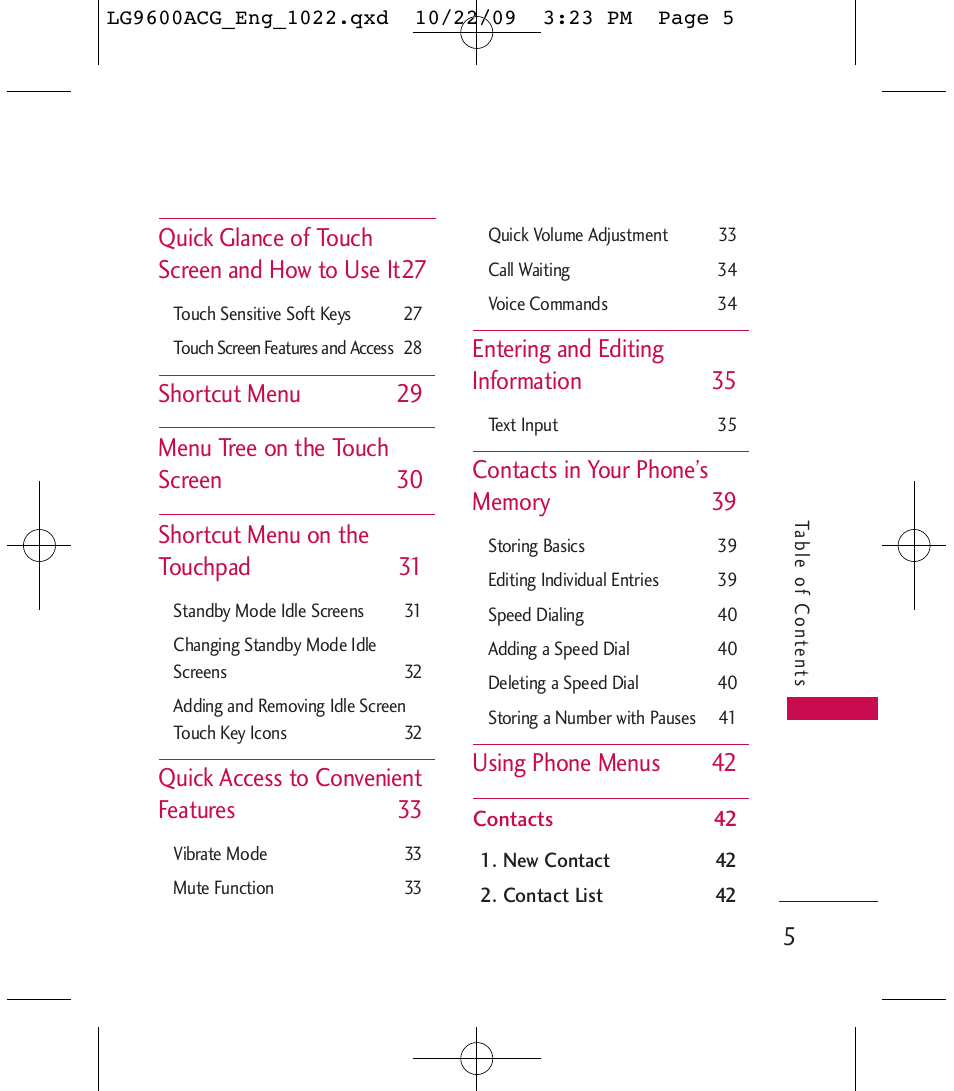 Quick glance of touch screen and how to use it27, Quick access to convenient features 33, Entering and editing information 35 | Using phone menus 42 | LG 9600 User Manual | Page 7 / 338