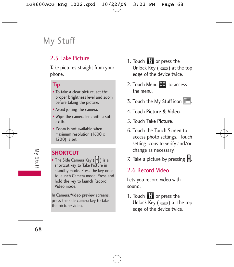 My stuff, 5 take picture, 6 record video | LG 9600 User Manual | Page 70 / 338