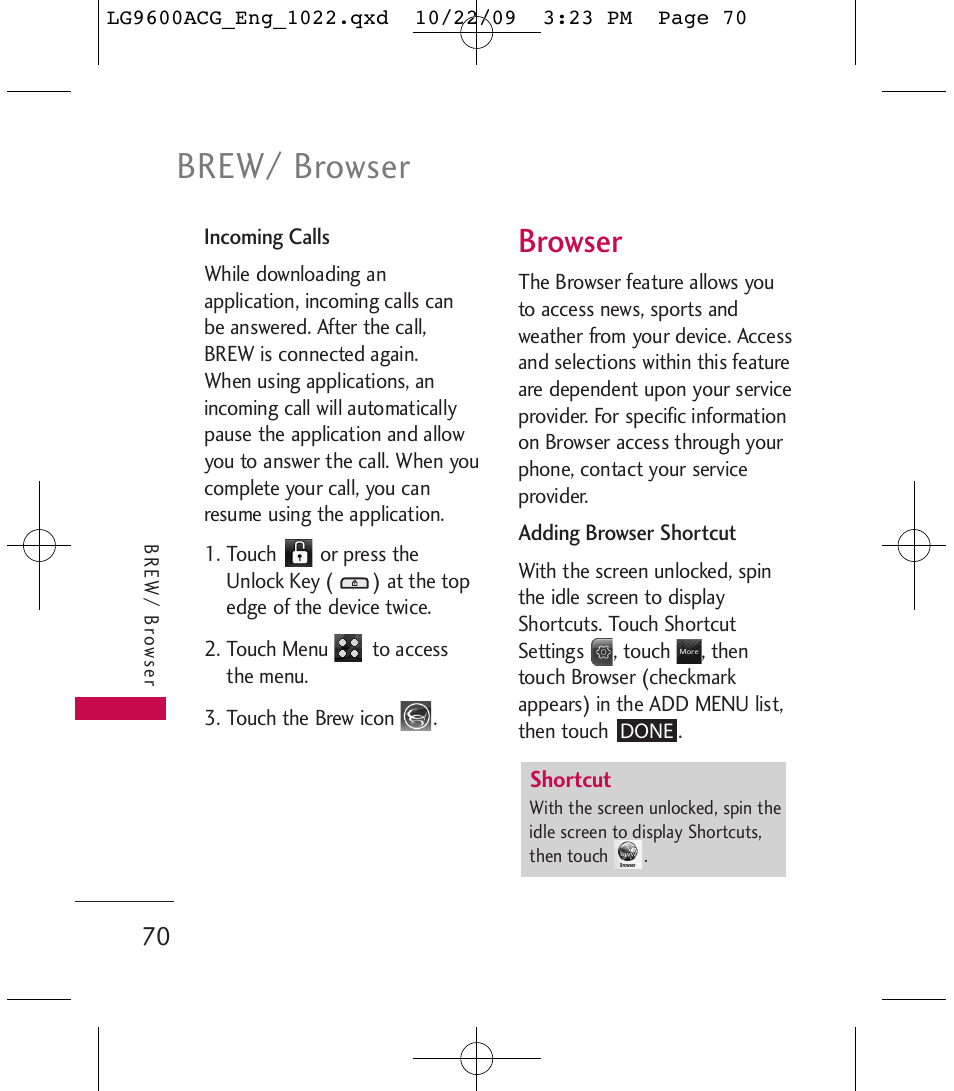 Brew/ browser, Browser | LG 9600 User Manual | Page 72 / 338