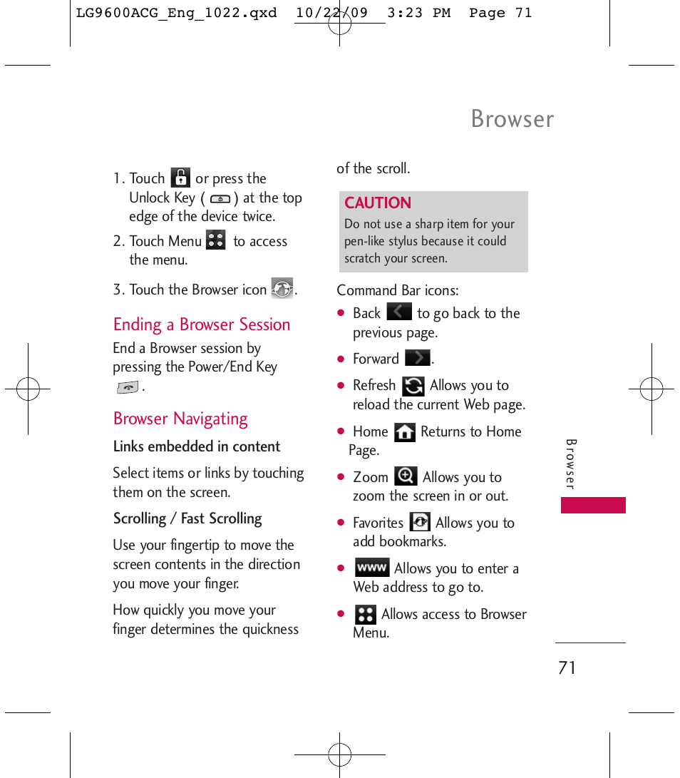 Browser, Ending a browser session, Browser navigating | LG 9600 User Manual | Page 73 / 338