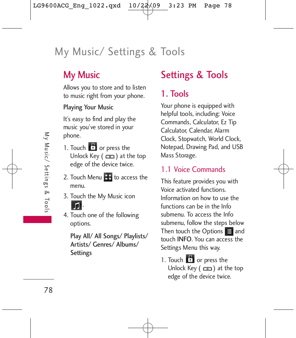 My music/ settings & tools, My music, Settings & tools | Tools | LG 9600 User Manual | Page 80 / 338