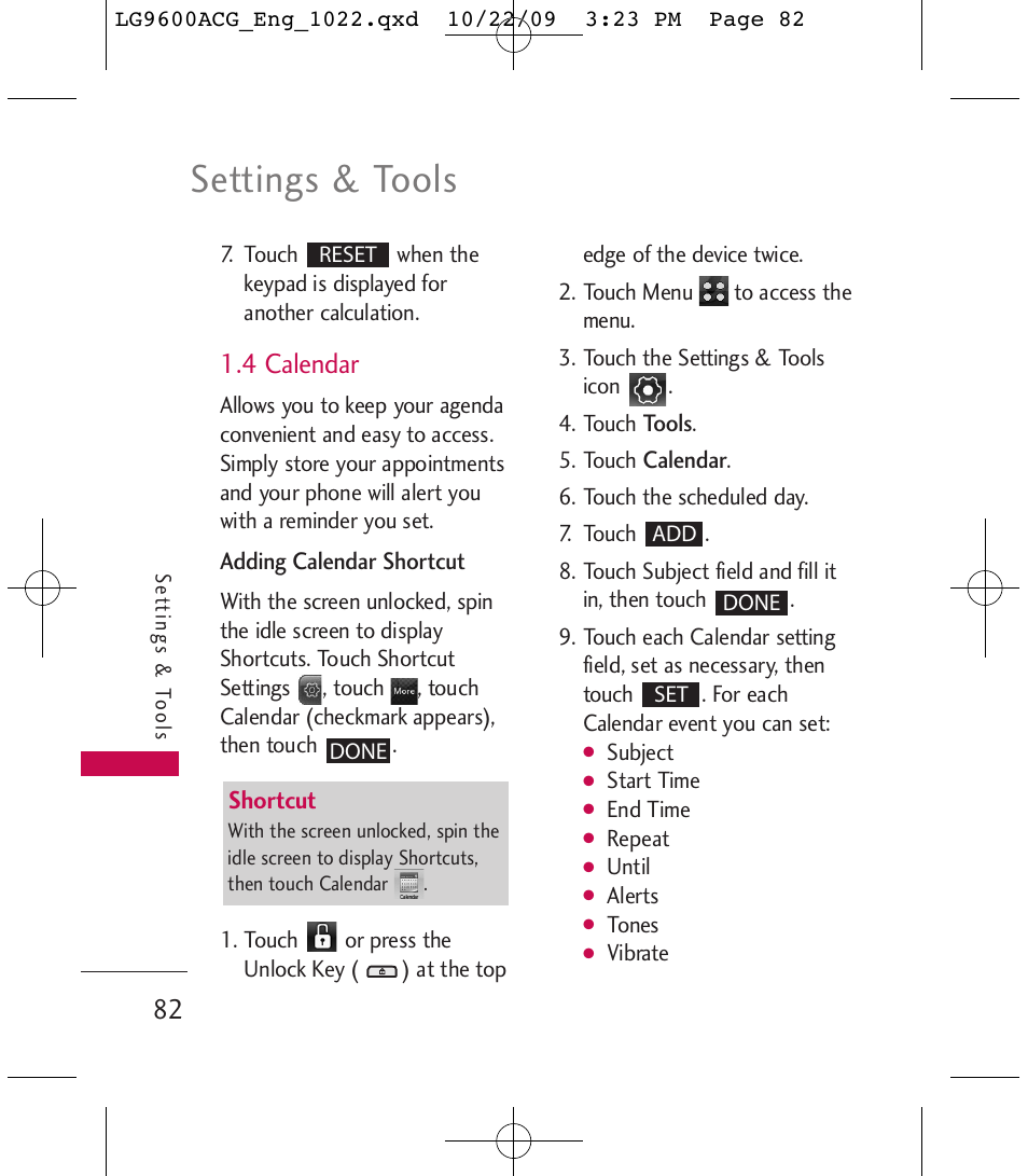 Settings & tools, 4 calendar | LG 9600 User Manual | Page 84 / 338