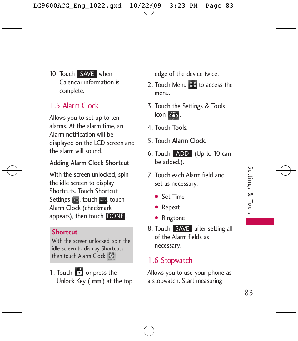 5 alarm clock, 6 stopwatch | LG 9600 User Manual | Page 85 / 338