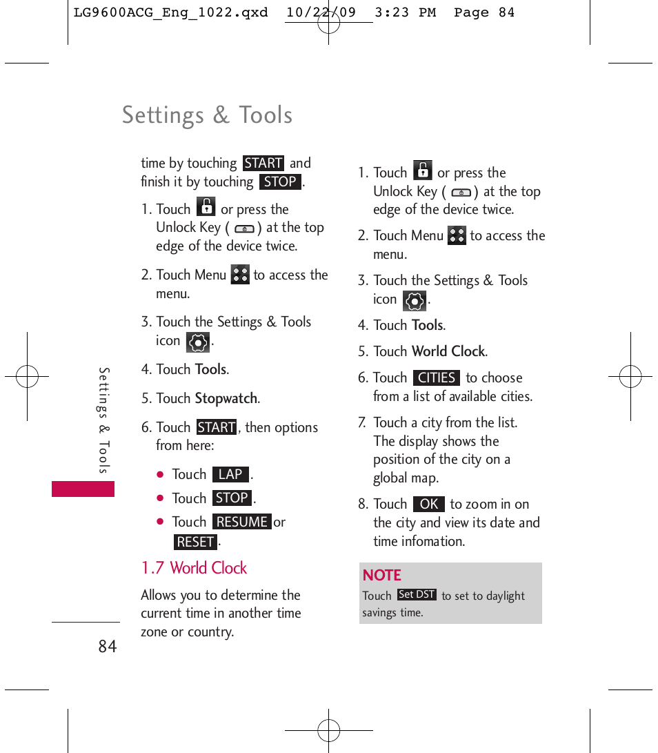Settings & tools, 7 world clock | LG 9600 User Manual | Page 86 / 338