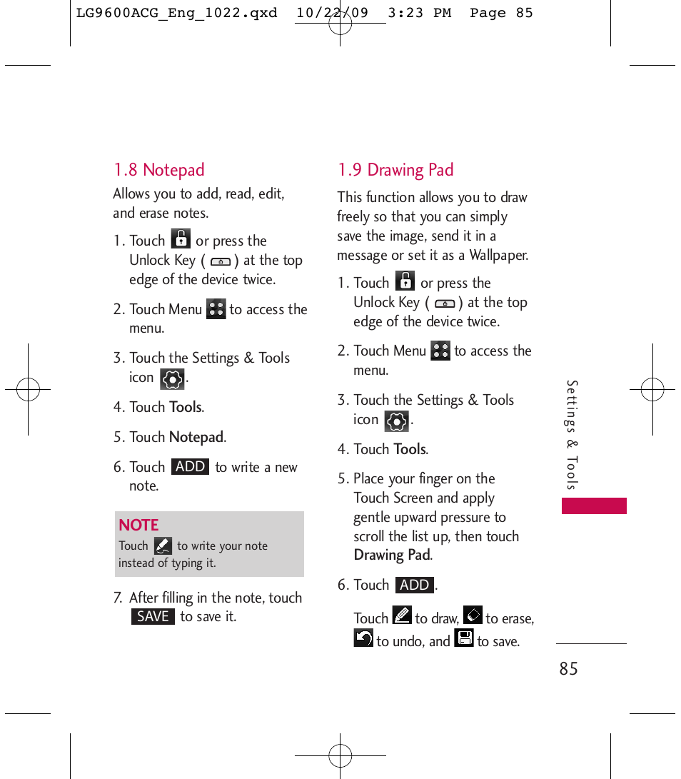 9 drawing pad | LG 9600 User Manual | Page 87 / 338
