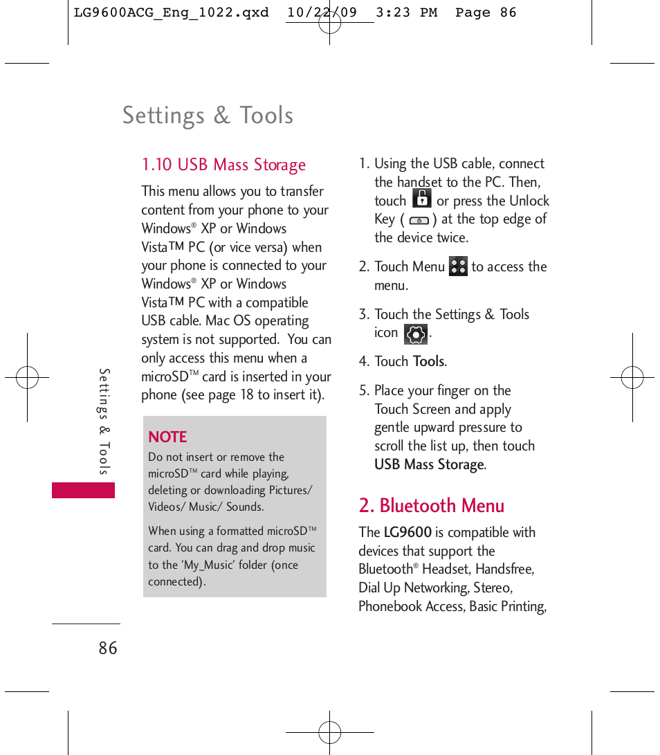 Settings & tools, Bluetooth menu, 10 usb mass storage | LG 9600 User Manual | Page 88 / 338