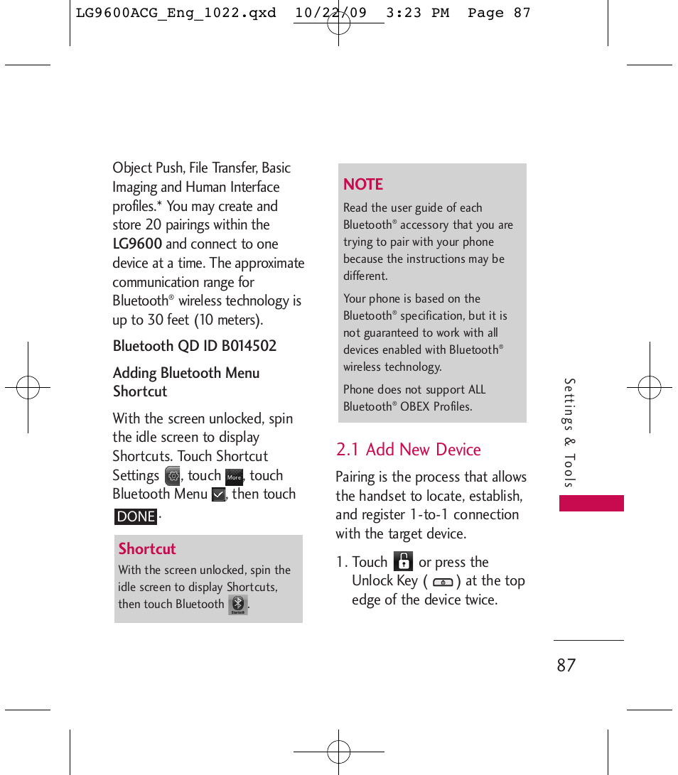 1 add new device, Shortcut | LG 9600 User Manual | Page 89 / 338