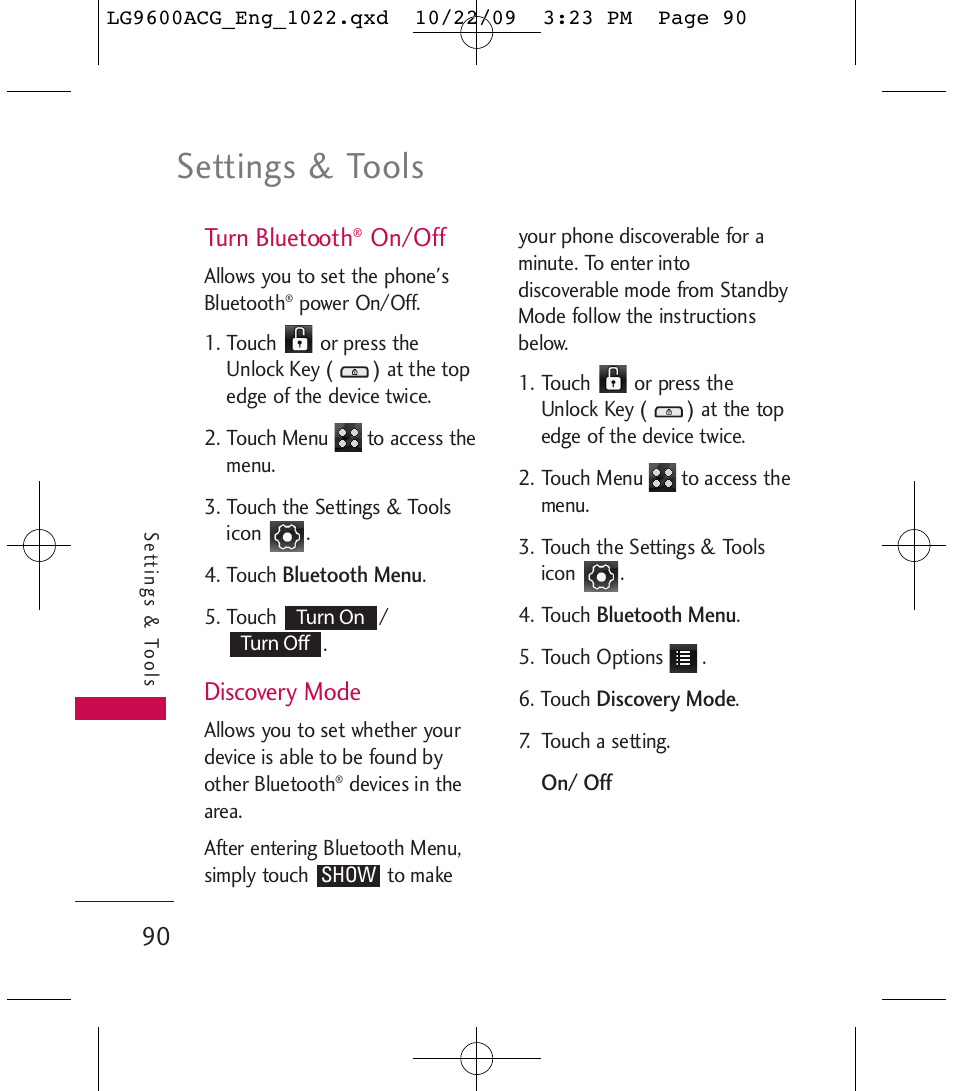 Settings & tools, Turn bluetooth, On/off | Discovery mode | LG 9600 User Manual | Page 92 / 338