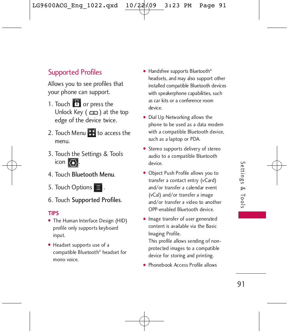 Supported profiles, Bluetooth menu | LG 9600 User Manual | Page 93 / 338