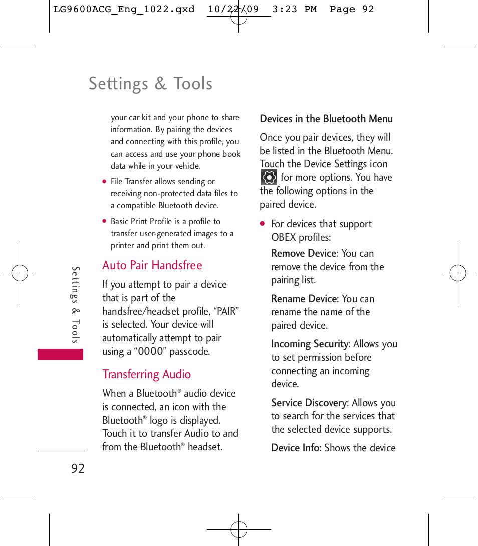 Settings & tools, Auto pair handsfree, Transferring audio | LG 9600 User Manual | Page 94 / 338