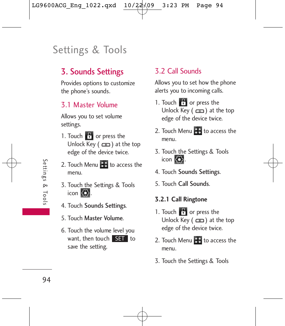 Settings & tools, Sounds settings | LG 9600 User Manual | Page 96 / 338