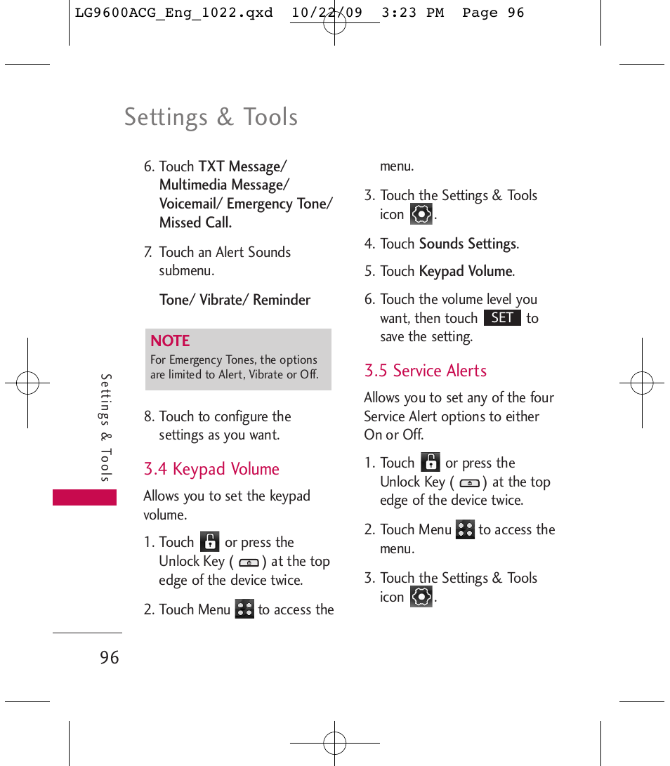 Settings & tools, 4 keypad volume, 5 service alerts | LG 9600 User Manual | Page 98 / 338