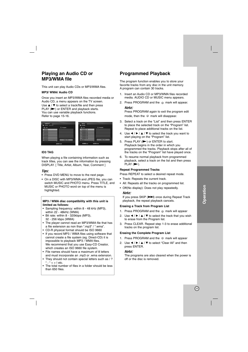 Playing an audio cd or mp3/wma file, Programmed playback, Operation | LG DN798 User Manual | Page 17 / 23