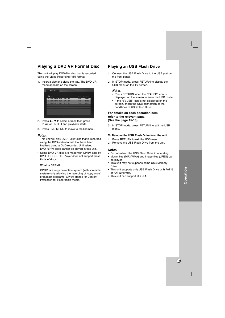 Playing a dvd vr format disc, Playing an usb flash drive, Operation | LG DN798 User Manual | Page 19 / 23
