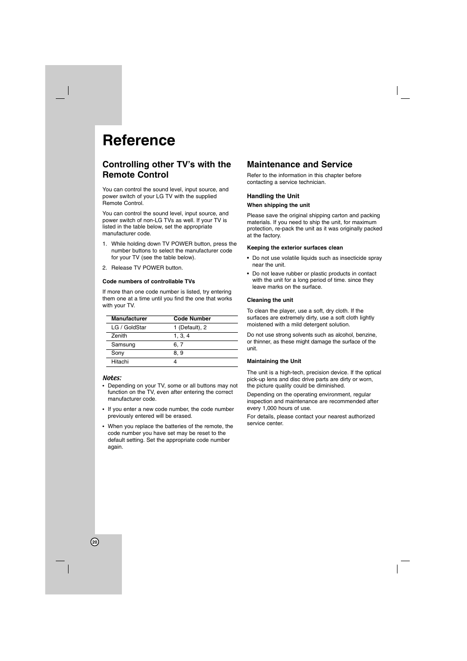 Reference, Controlling other tv’s with the remote control, Maintenance and service | LG DN798 User Manual | Page 20 / 23