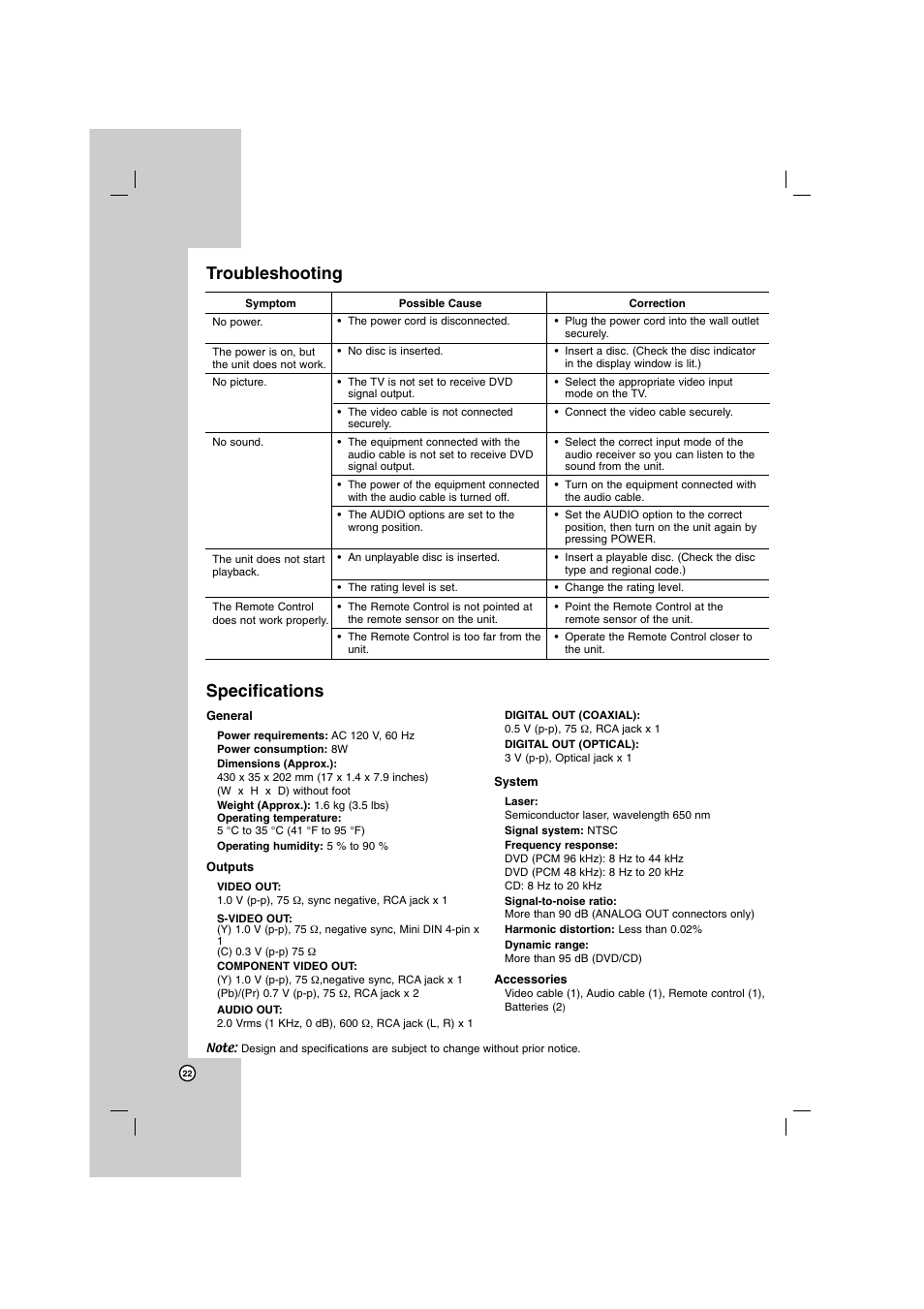 Troubleshooting specifications | LG DN798 User Manual | Page 22 / 23
