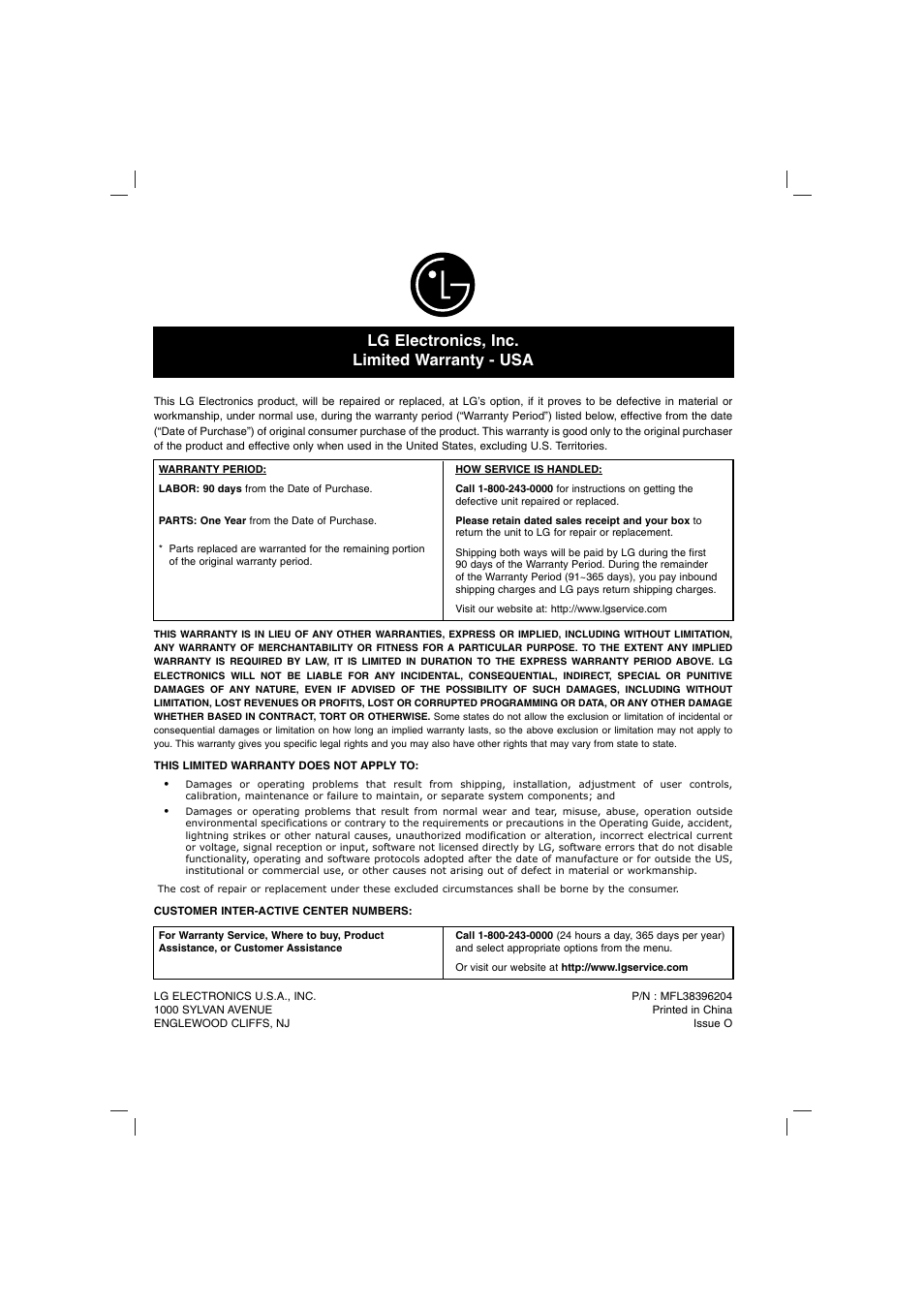 Lg electronics, inc. limited warranty - usa | LG DN798 User Manual | Page 23 / 23