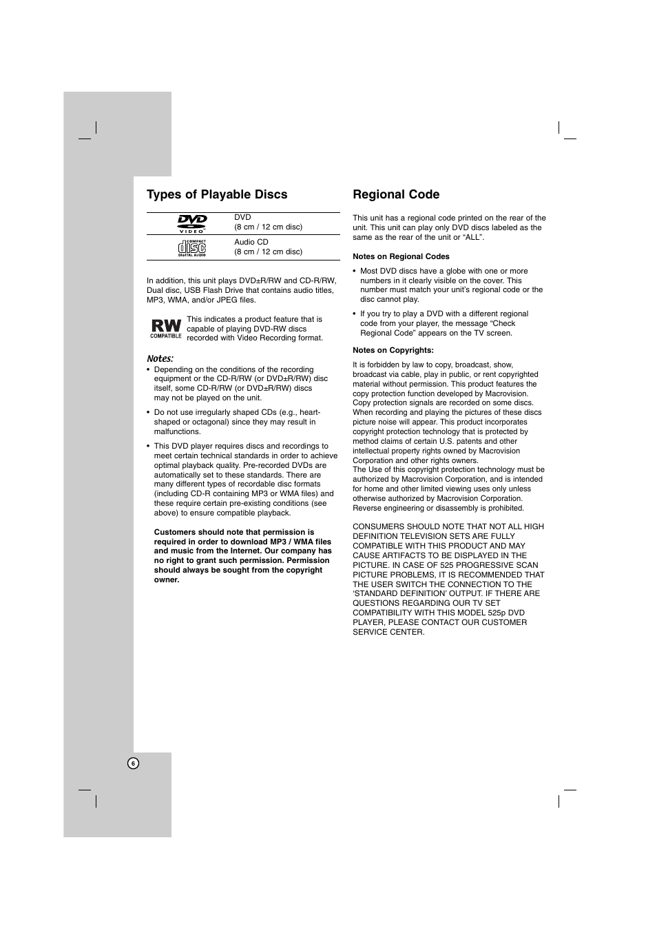 Types of playable discs, Regional code | LG DN798 User Manual | Page 6 / 23