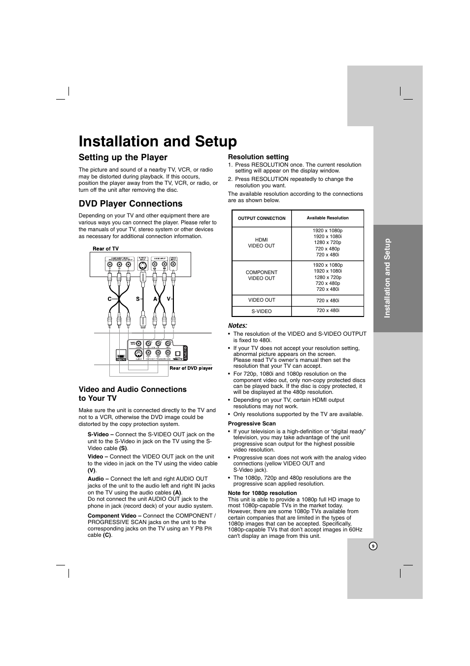 Setting up the player, Dvd player connections, Operation reference introduction | Installation and setup, Video and audio connections to your tv | LG DN798 User Manual | Page 9 / 23