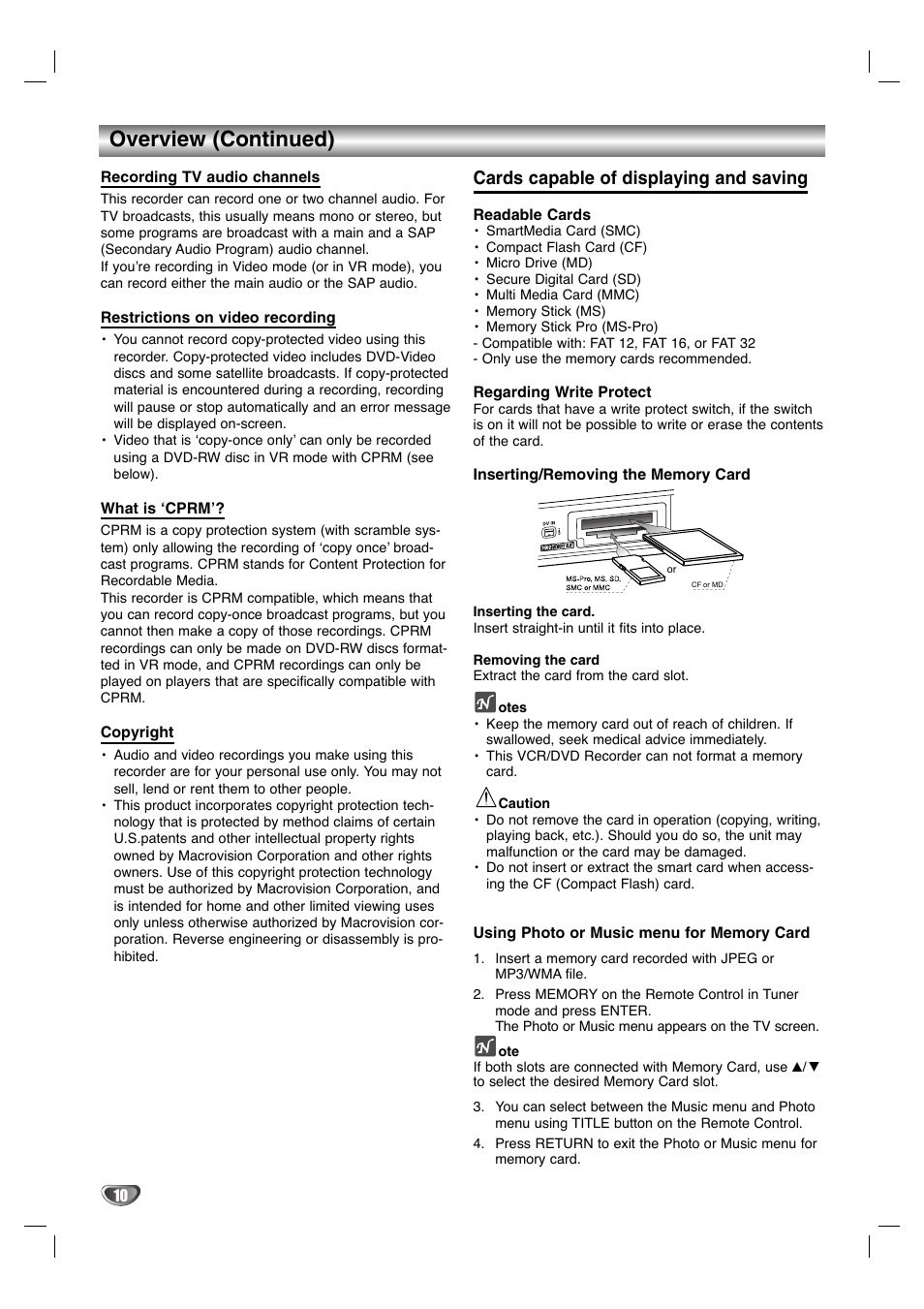 Overview (continued), Cards capable of displaying and saving | LG LGXBR446 User Manual | Page 10 / 67