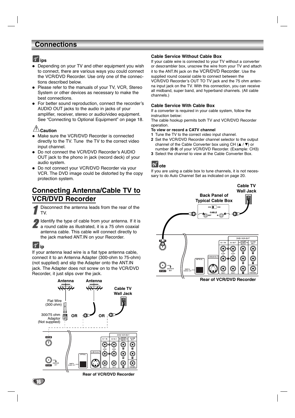 Connections, Connecting antenna/cable tv to vcr/dvd recorder | LG LGXBR446 User Manual | Page 16 / 67