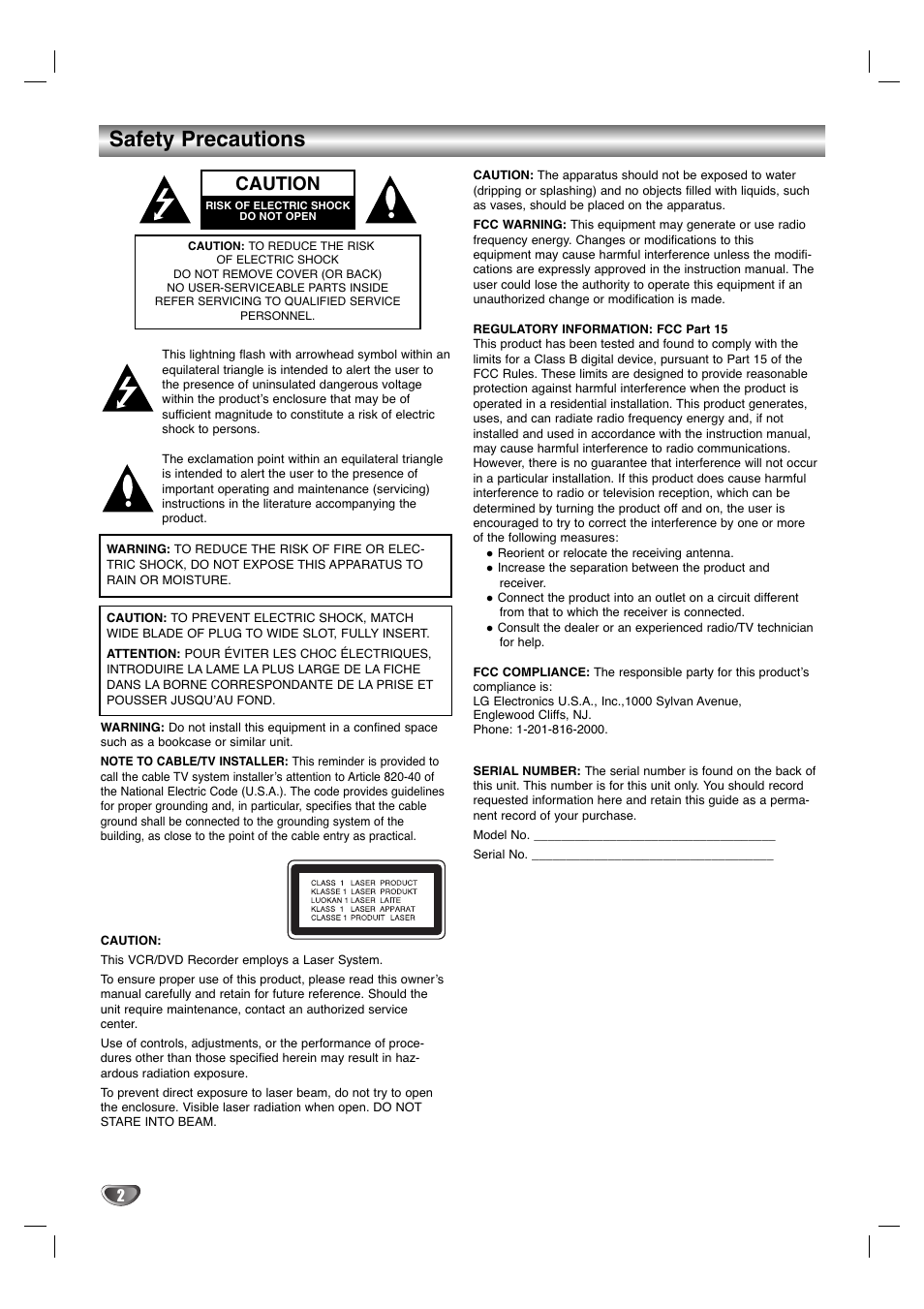 Safety precautions, Caution | LG LGXBR446 User Manual | Page 2 / 67