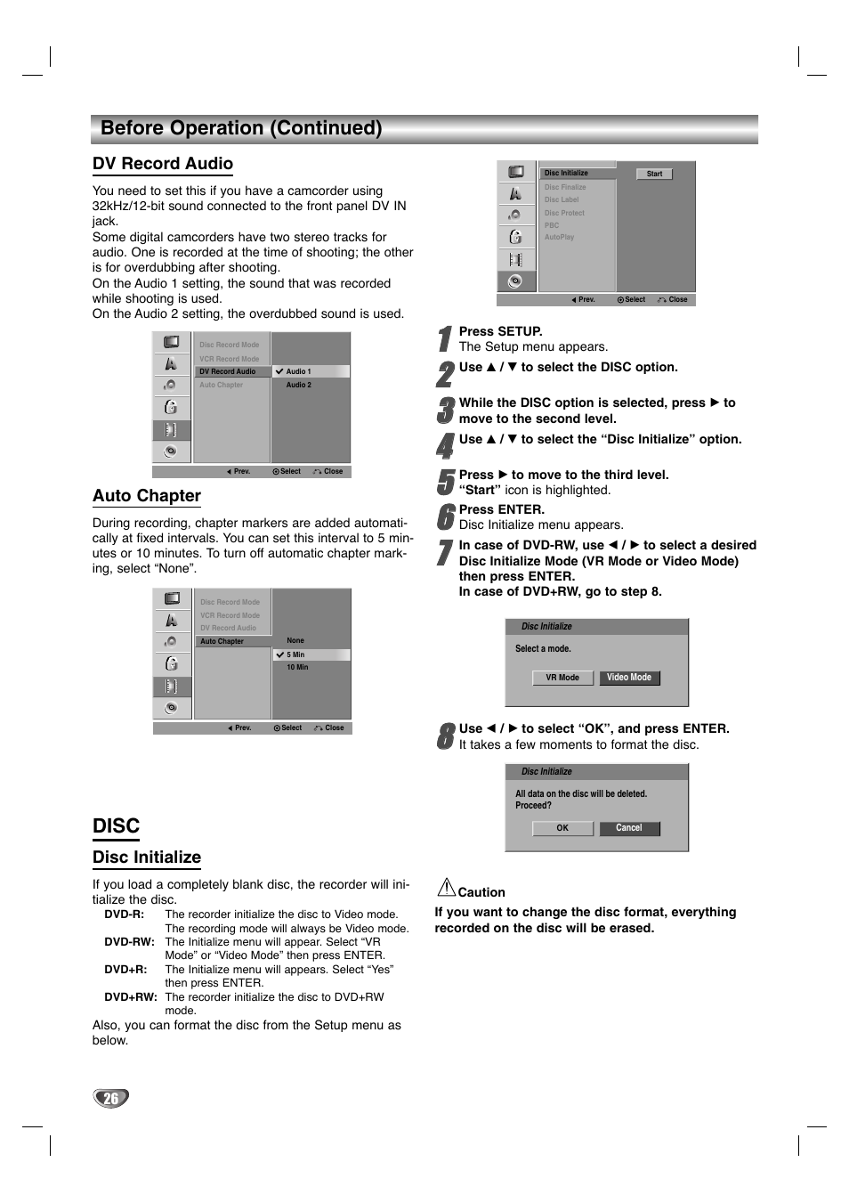 Disc, Before operation (continued), Dv record audio | Auto chapter, Disc initialize | LG LGXBR446 User Manual | Page 26 / 67