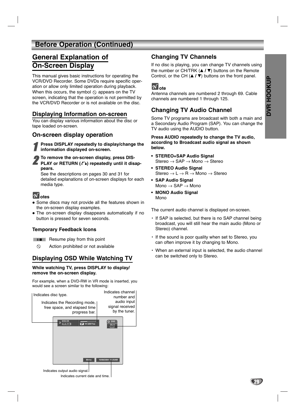 Dvr hookup, Displaying information on-screen, On-screen display operation | Displaying osd while watching tv, Changing tv channels, Changing tv audio channel | LG LGXBR446 User Manual | Page 29 / 67