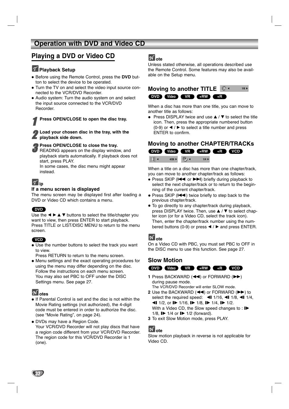 Moving to another title, Moving to another chapter/tracks, Slow motion | LG LGXBR446 User Manual | Page 32 / 67