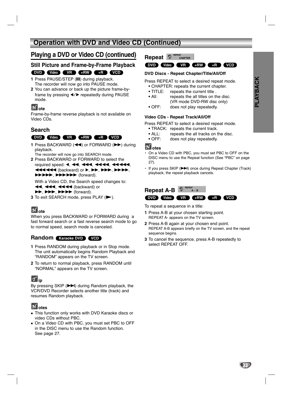 Pla yback, Still picture and frame-by-frame playback, Search | Random, Repeat, Repeat a-b | LG LGXBR446 User Manual | Page 33 / 67