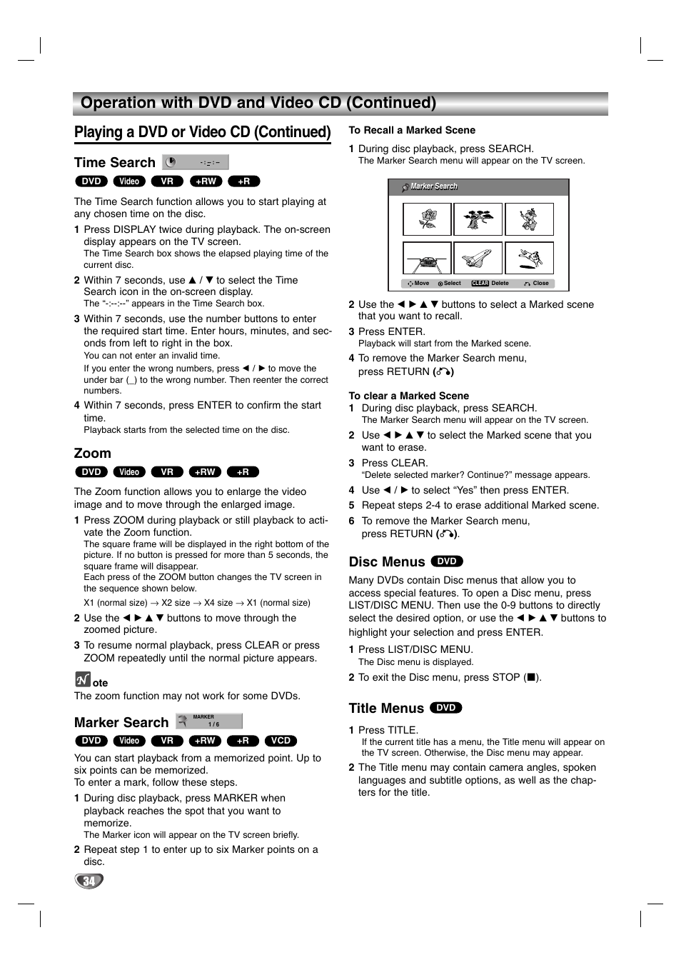 Time search, Zoom, Marker search | Disc menus, Title menus | LG LGXBR446 User Manual | Page 34 / 67