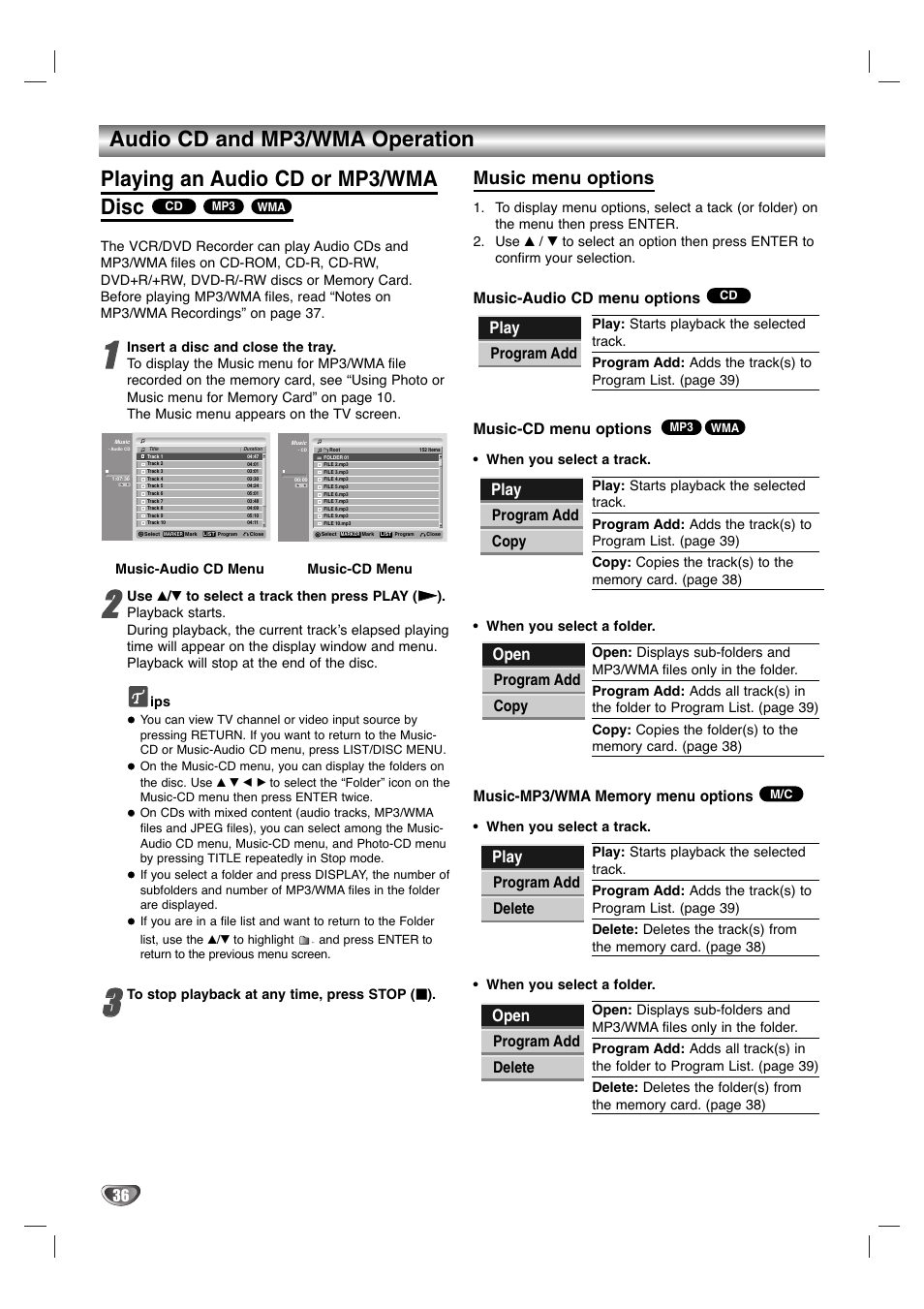 Music menu options, Play, Open | Music-audio cd menu options, Music-cd menu options, Program add, Program add copy, Program add delete | LG LGXBR446 User Manual | Page 36 / 67