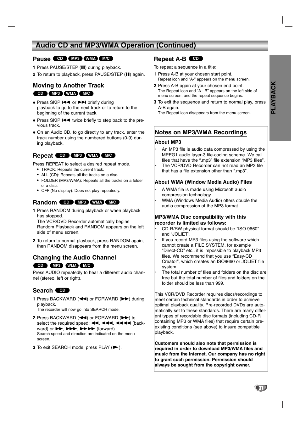 Audio cd and mp3/wma operation (continued), Pla yback, Pause | Moving to another track, Repeat, Random, Changing the audio channel, Search, Repeat a-b | LG LGXBR446 User Manual | Page 37 / 67