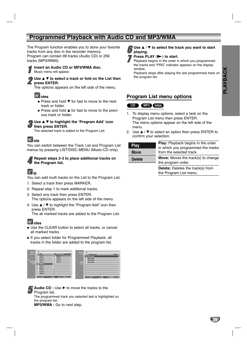 Programmed playback with audio cd and mp3/wma, Program list menu options, Pla yback | Play | LG LGXBR446 User Manual | Page 39 / 67