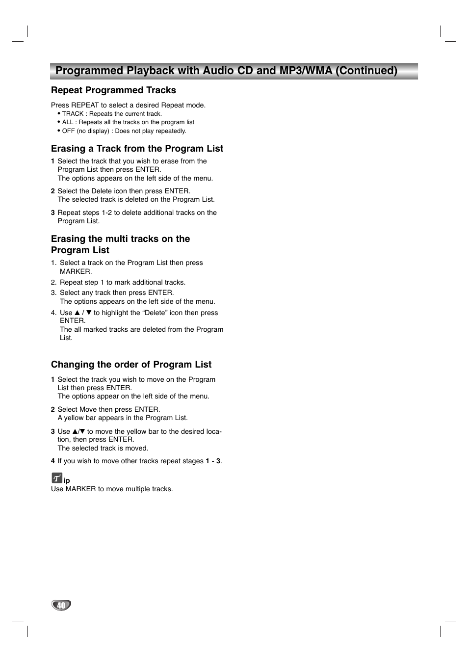 Repeat programmed tracks, Erasing a track from the program list, Erasing the multi tracks on the program list | Changing the order of program list | LG LGXBR446 User Manual | Page 40 / 67