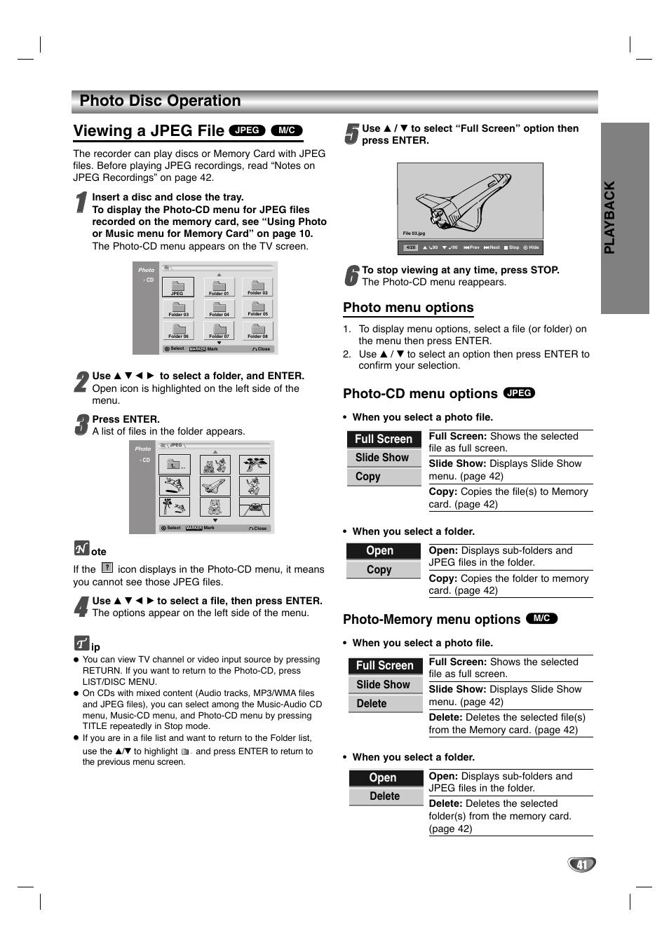 Photo disc operation viewing a jpeg file, Photo menu options, Photo-cd menu options | Pla yback | LG LGXBR446 User Manual | Page 41 / 67