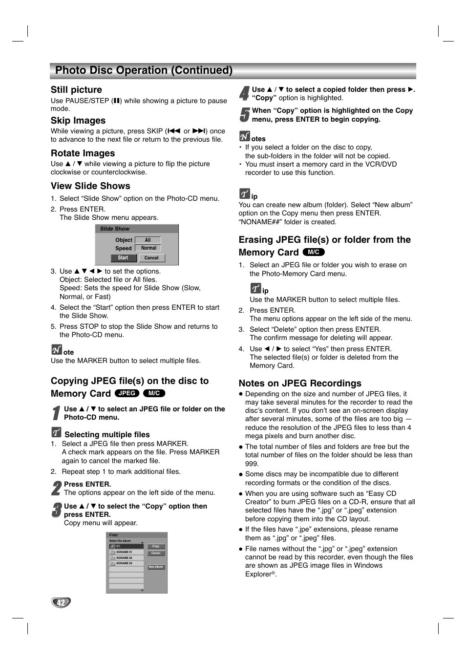 Photo disc operation (continued), Still picture, Skip images | Rotate images, View slide shows | LG LGXBR446 User Manual | Page 42 / 67